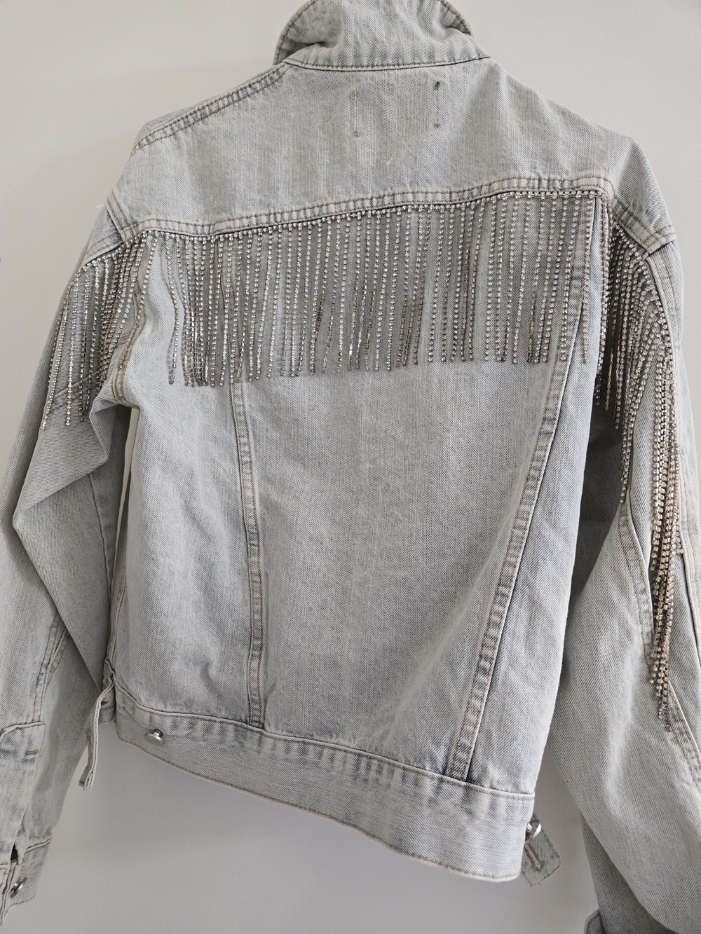 Fashion Nova Light Wash Denim Jacket with Silver Fringe Size L